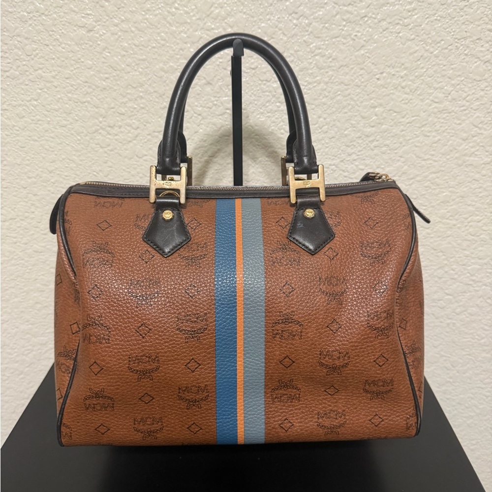 MCM Cognac Visetos Bowling Bag with Blue and Orange Stripe - Picture 2 of 4